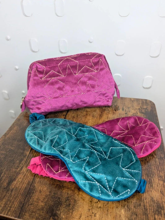 Nooki London Velvet Travel Bag & Eye Mask Bundle Pink Teal