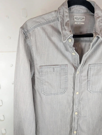 AllSaints Haiiro Washed Denim Shirt Grey Blue Utility Workwear Small