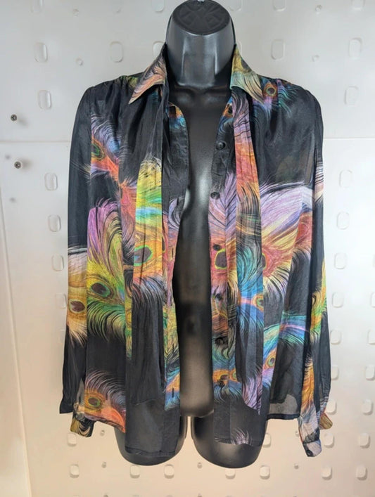 Supertrash Silk Feather Print Blouse Sheer Tie Neck Button Front