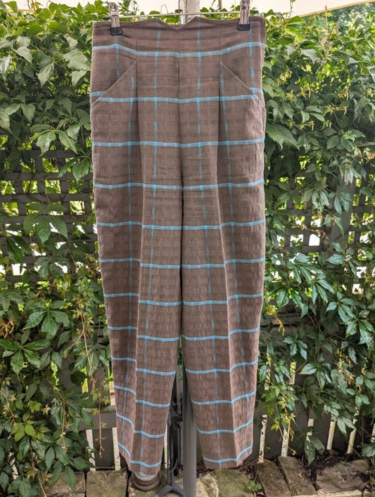 Vintage Wallis High Waisted Check Trousers Brown Blue UK6