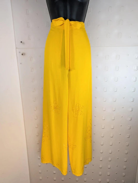 Yellow Wrap Tie Trousers Split Side Festival Boho Sequin Embroidered Free Size