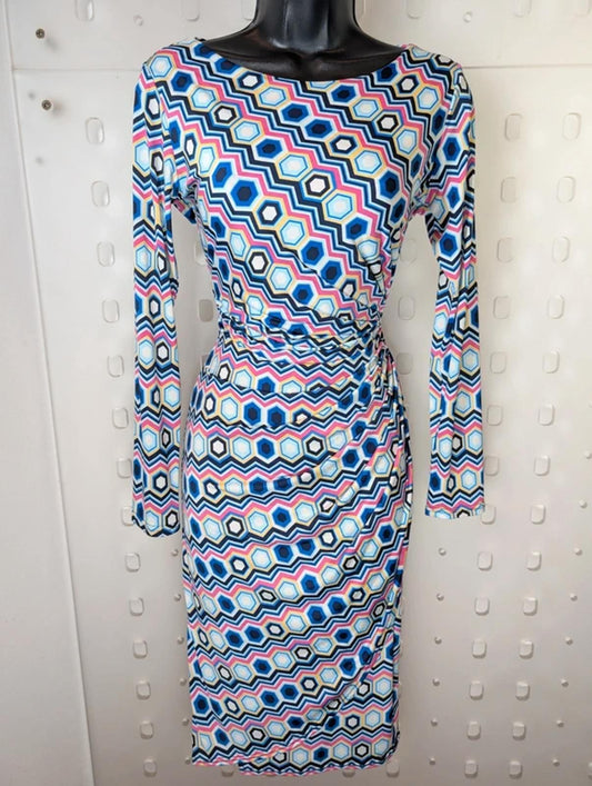 Onjenu Geometric Print Wrap Dress UK 8 Stretch Jersey Knee Length 70s Style