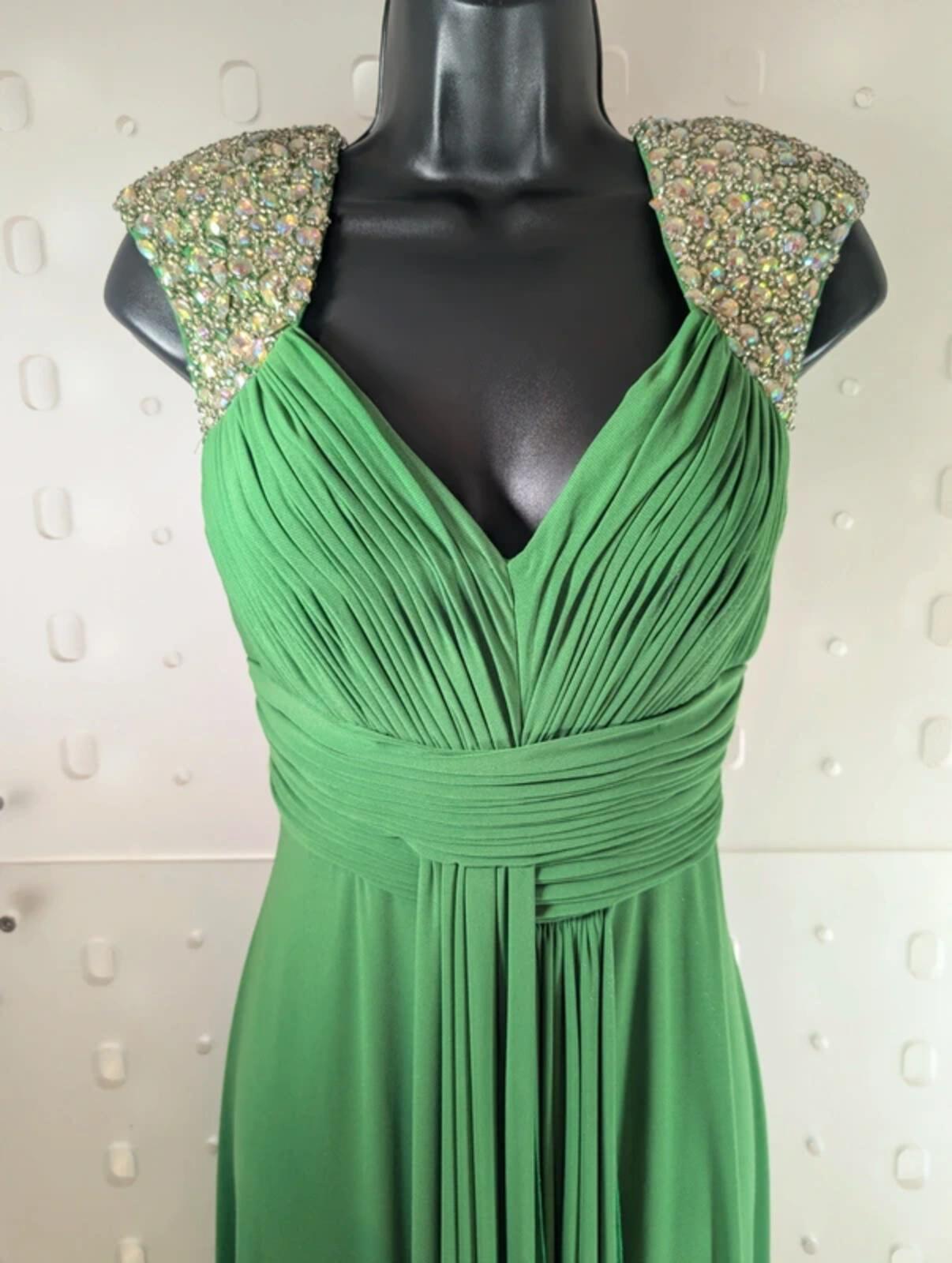 Capture by Hermione Green Evening Dress UK8 Embellished Straps Maxi Occasion