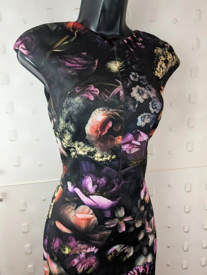 Ted Baker Dark Floral Scuba Bodycon Midi Dress Size 1 UK8