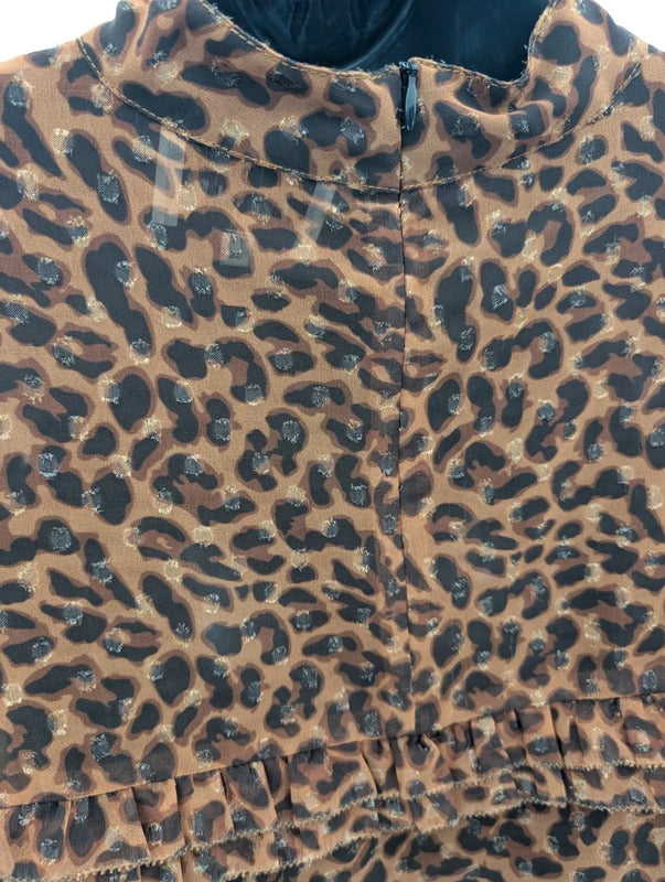 Six Ames Malina Leopard Print Ruffle Blouse Size 38