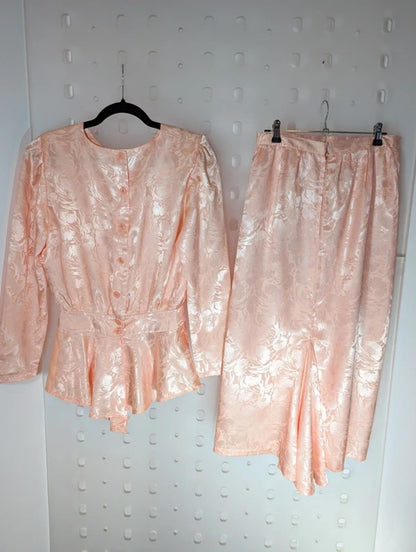Vintage Peach Satin Two Piece Set Peplum Top Lace Detail Skirt