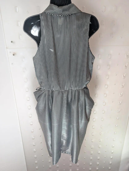 Vintage Black Silver Pinstripe Statement Dress Oversized Collar UK 12