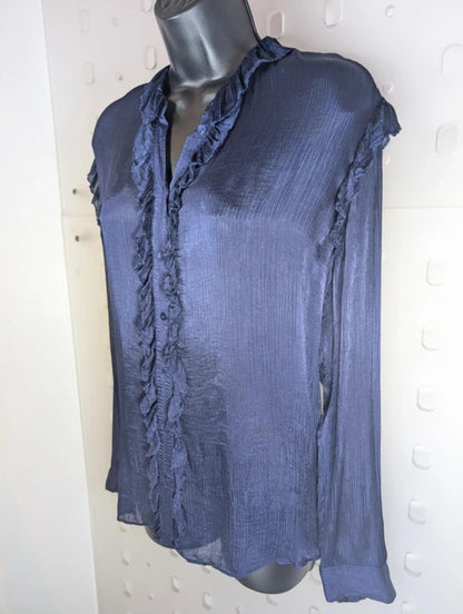 Massimo Dutti Ink Blue Ruffle Front Blouse EU42 UK14