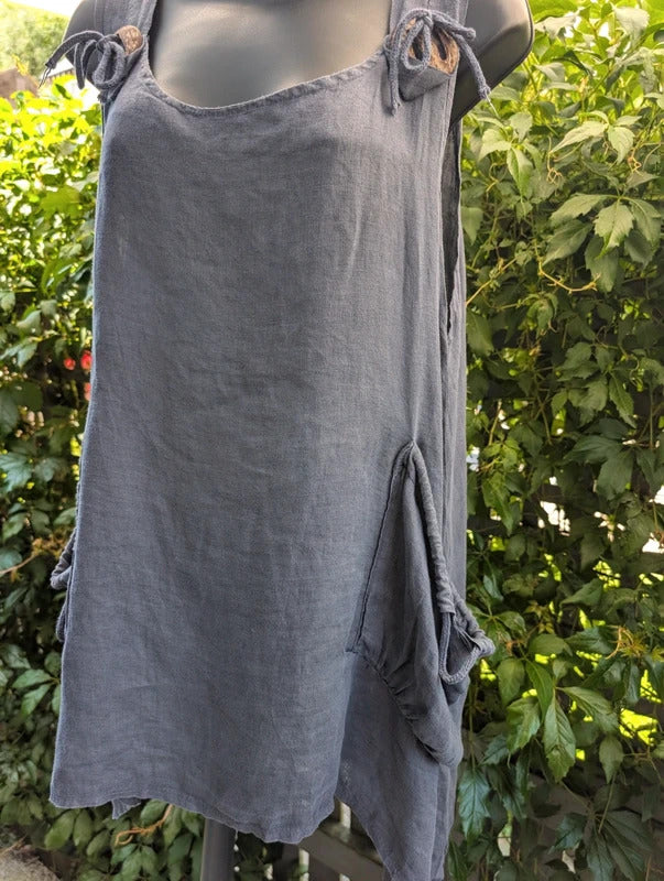 Italian Linen Tie Shoulder Longline Top Navy Blue M