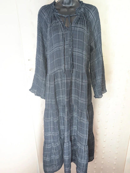 Jigsaw UK14 Navy Check Cotton Linen Blend Maxi Dress with Slip