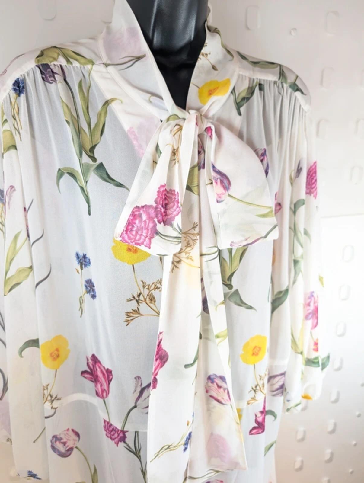 Studio by Preen Sheer Midi Dress UK18 White Floral Tulip Print Tie Neck