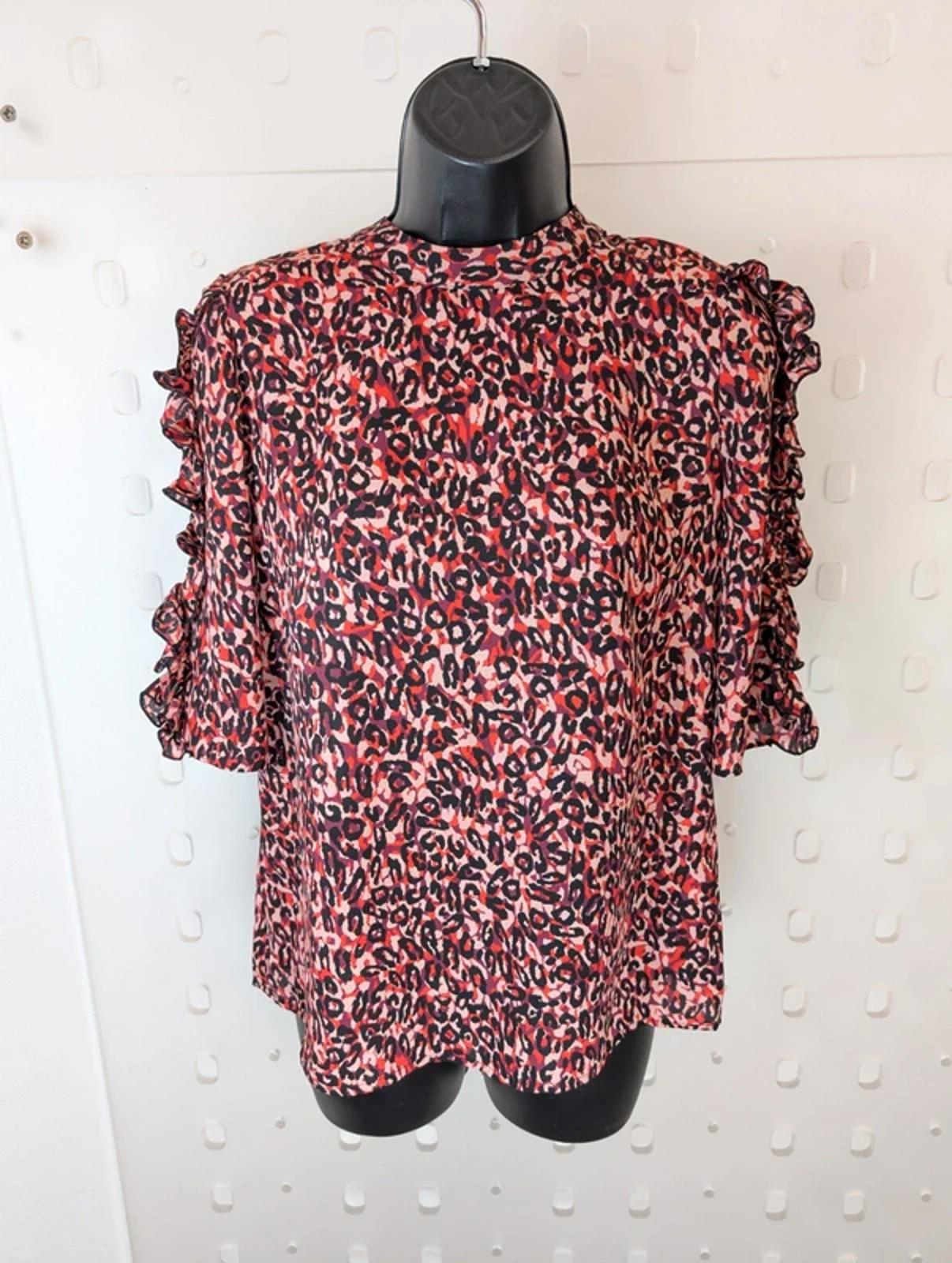 Karen Millen Leopard Print Blouse UK12 Pink Purple Ruffle Sleeve High Neck