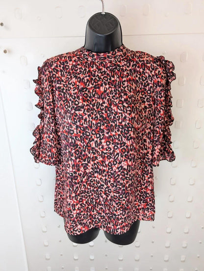 Karen Millen Leopard Print Blouse UK12 Pink Purple Ruffle Sleeve High Neck