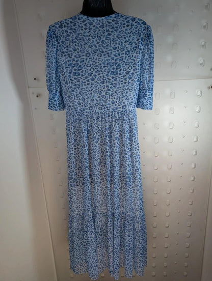 Baum und Pferdgarten Blue Leopard Mesh Midi Dress UK10–12 Puff Sleeve