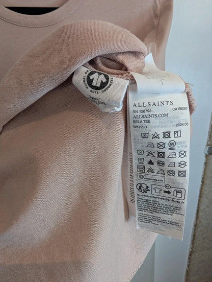 AllSaints Bela Blush Pink Organic Cotton Raw Edge T Shirt L