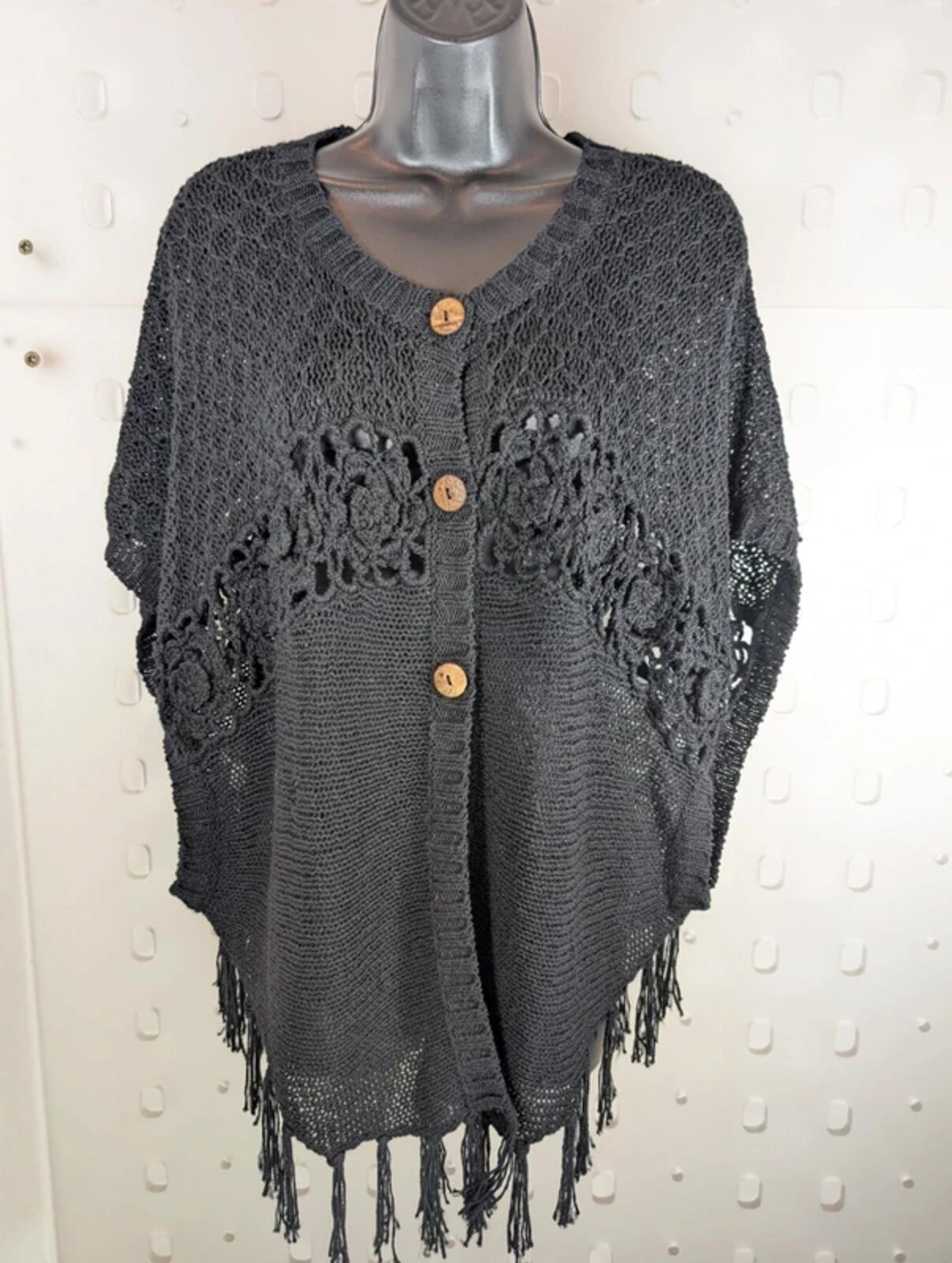 Nina Murati oversized black crochet tassel cardigan S/M