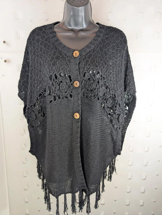 Nina Murati oversized black crochet tassel cardigan S/M