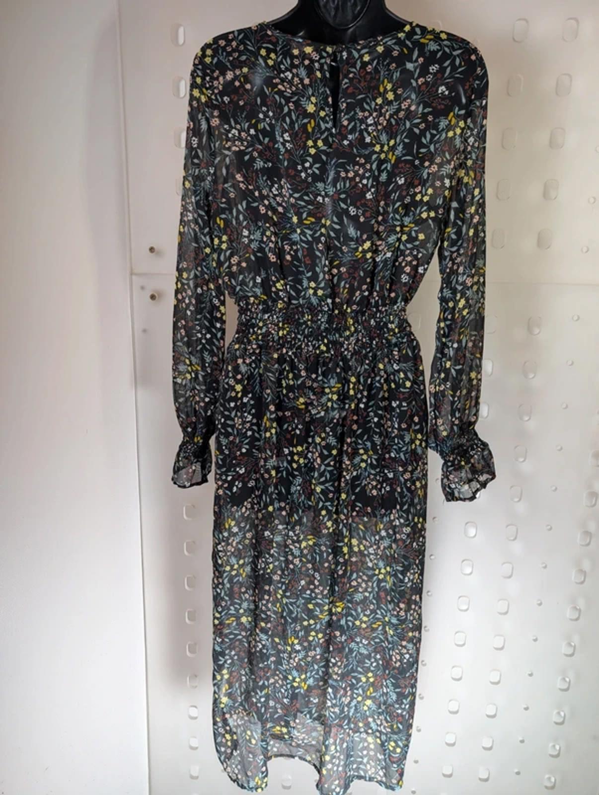 Soaked in Luxury Saseline Sheer Floral Midi Dress Long Sleeve Shirred Waist