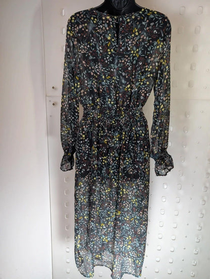Soaked in Luxury Saseline Sheer Floral Midi Dress Long Sleeve Shirred Waist