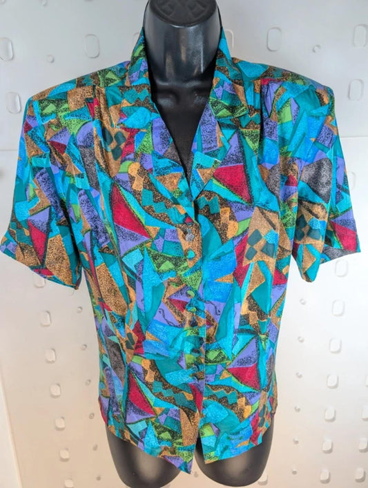 Vintage Patra Pure Silk Blouse Colourful Print Short Sleeve Shoulder Pads EU 38