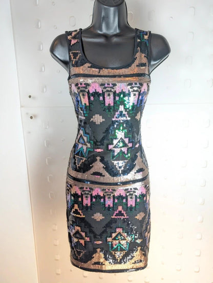 Evita Gold Sequin Bodycon Dress UK8 Pink Green Abstract Detail Party