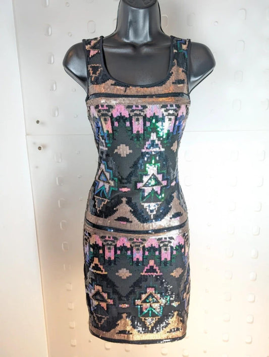 Evita Gold Sequin Bodycon Dress UK8 Pink Green Abstract Detail Party