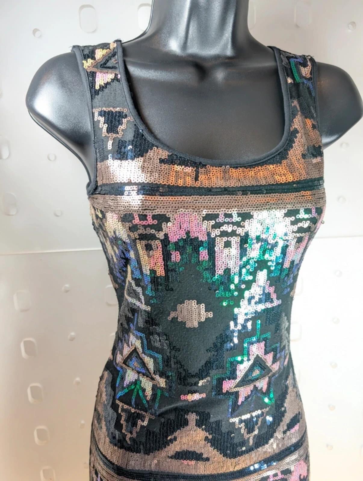 Evita Gold Sequin Bodycon Dress UK8 Pink Green Abstract Detail Party