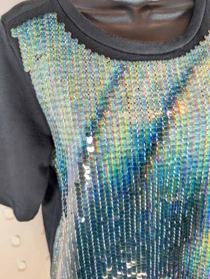 Calvin Klein Black Holographic Sequin Oversized T-Shirt Top UK8–10