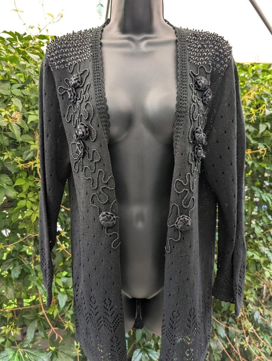 Vintage 1980s Hand Beaded Black Evening Cardigan Duster Handmade Shanghai Size M