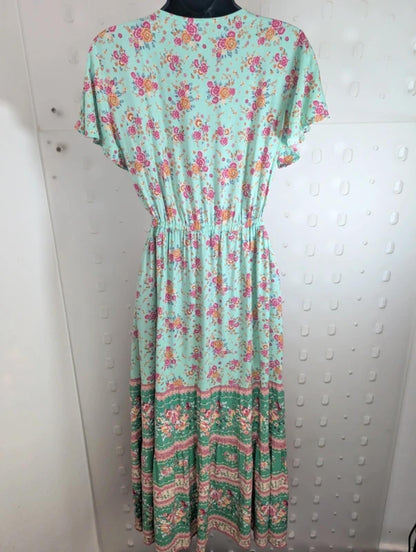 Libby Loves Floral Cotton Midi Dress UK8–10 Green Print