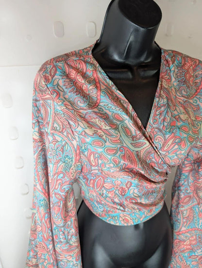 100% Silk Paisley Wrap Top | Coral & Blue | Boho Flared Sleeve
