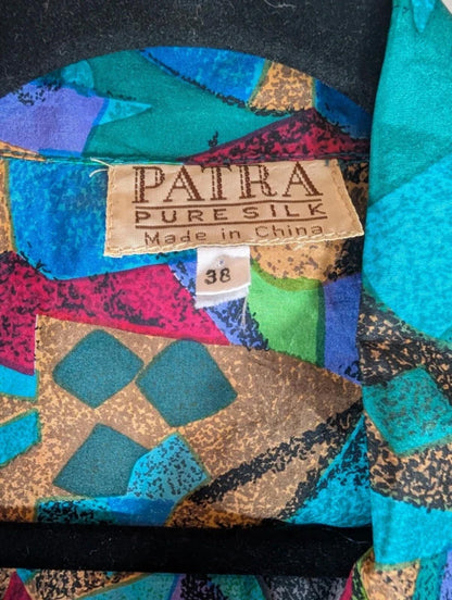 Vintage Patra Pure Silk Blouse Colourful Print Short Sleeve Shoulder Pads EU 38