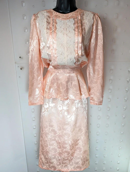 Vintage Peach Satin Two Piece Set Peplum Top Lace Detail Skirt
