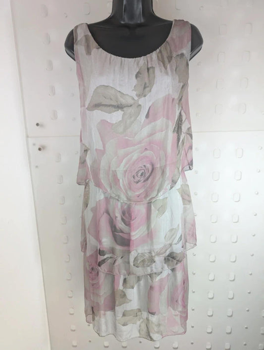 H Trend made in Italy silk layered rose print sundress S NWT