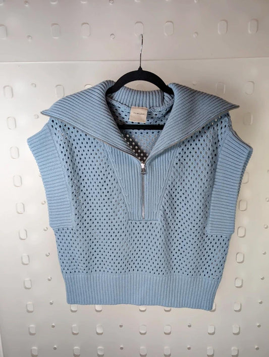 Varley Mila Half Zip Knit Gilet XS 100% Cotton Blue Sleeveless Jumper