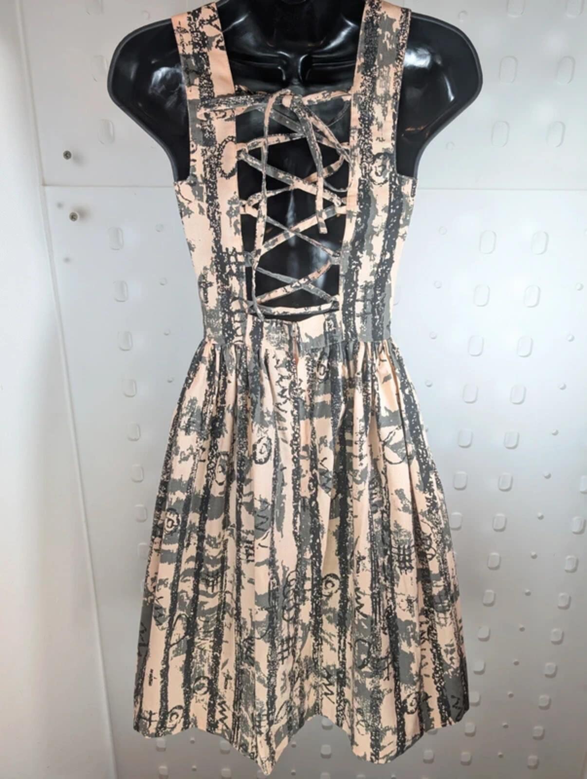 Vintage Miss Selfridge Cotton Fit & Flare Dress Peach Black UK6/8
