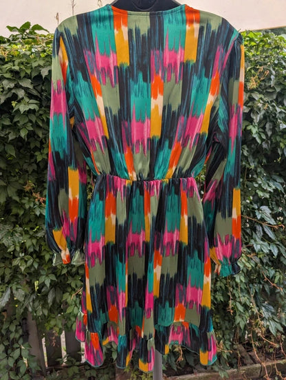 J S Millenium Satin Brush Stroke Wrap Mini Dress Large