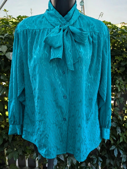 Vintage 1980s Teal Green Blouse With Tie Medium