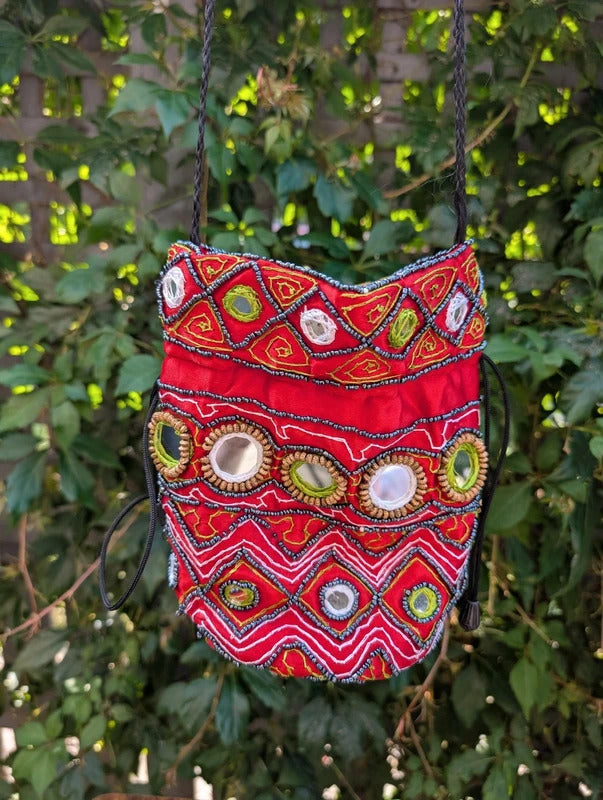 Beaded Bucket Bag Red Festival Crossbody