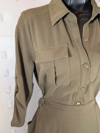 Monteau Khaki Green Utility Shirt Dress Tie Waist Pockets Small