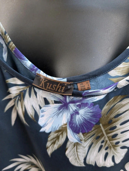 Kushi tropical print longline vest top UK10 navy summer cami