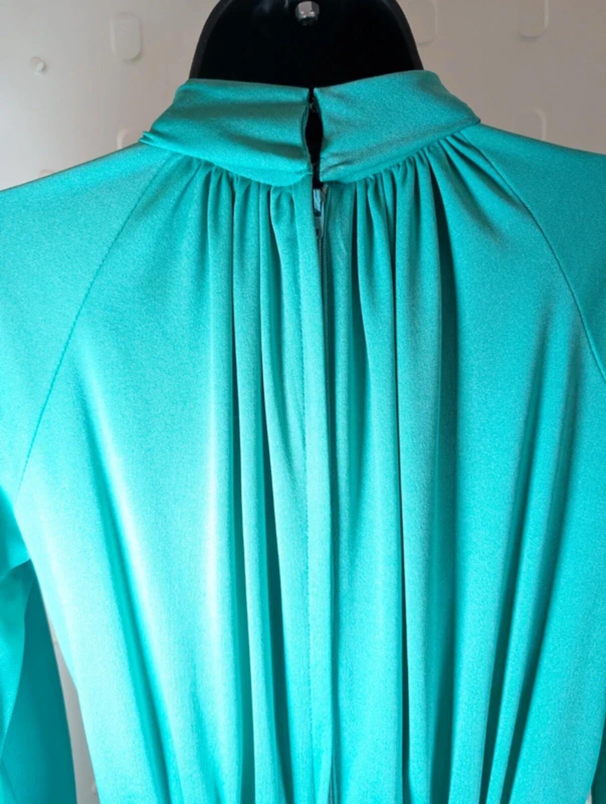 Vintage 1970s Crimplene Maxi Dress Teal UK8/10