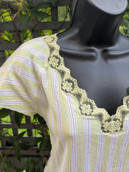 Blue Mist textured stripe cotton t shirt UK10 lace trim longline top