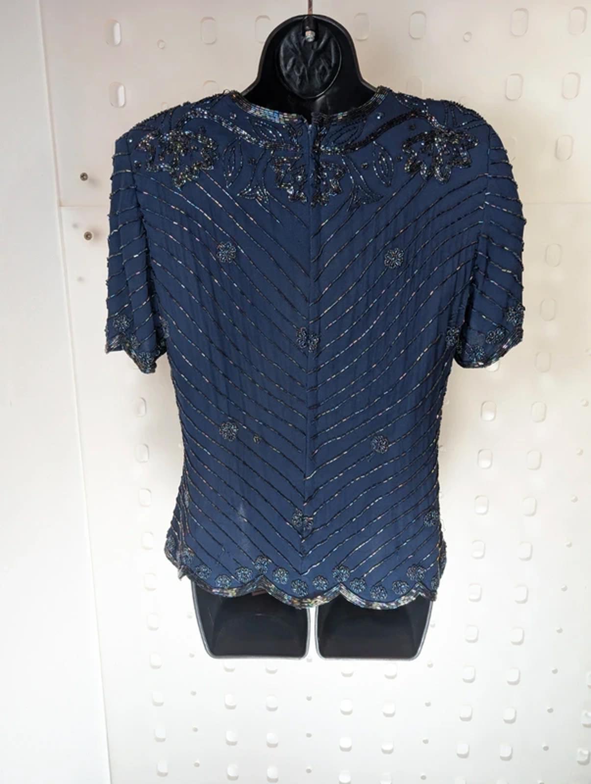 Simon Ellis Navy Silk Beaded Evening Top Vintage Glam UK10
