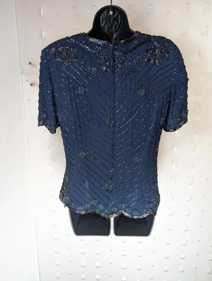 Simon Ellis Navy Silk Beaded Evening Top Vintage Glam UK10