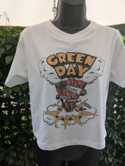 Green Day Dookie Band T-Shirt White Cropped Large