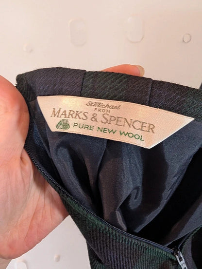 Vintage St Michael Pure New Wool Tartan Pencil Skirt UK8 Made in UK