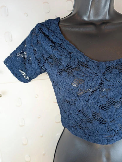 Navy Sheer Lace Crop Top – Micro Tee Festival Layering – XS/S