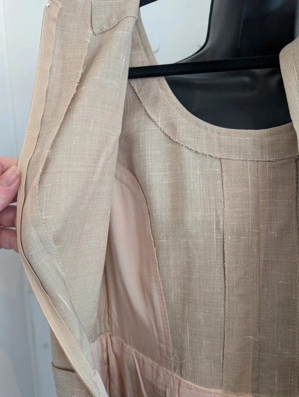 Vintage Handmade Beige Dress Geometric Trim Approx UK10 / 12