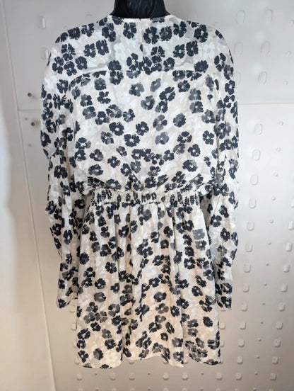 Ted Baker Black Floral Midi Dress Size 3 Shirred Waist Long Sleeve